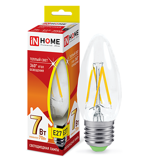 Лампа светодиодная LED-СВЕЧА-deco 7Вт 230В Е27 3000К 630Лм прозрачная IN HOME							