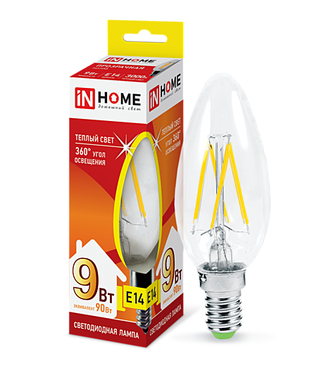 Лампа светодиодная LED-СВЕЧА-deco 9Вт 230В Е14 3000К 810Лм прозрачная IN HOME							