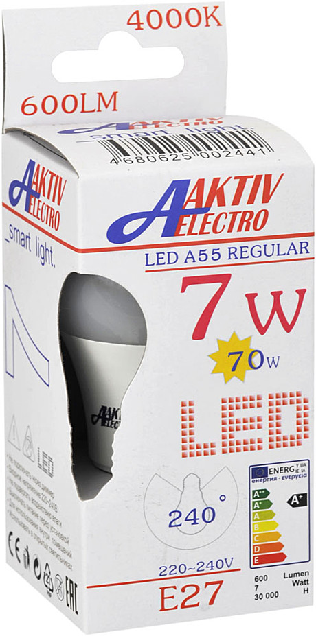 Лампа светодиодная LED-A55-Regular 7Вт 220-240В Е27 4000К 600Лм AKTIV ELECTRO