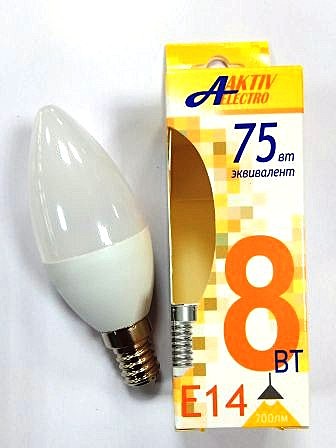 Лампа светодиодная LED-C37-Regular 8Вт 175-265В Е14 3000К 700Лм СВЕЧА AKTIV ELECTRO