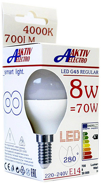 Лампа светодиодная LED-G45-Regular 8Вт 175-265В Е14 4000К 700Лм ШАР AKTIV ELECTRO