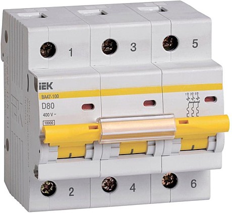 Автоматический выключатель IEK ВА47-100 3P 80А 10кА характеристика D