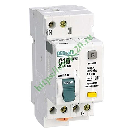 Автоматический выключатель дифференциального тока DEKraft ДИФ-102 1Р+N 16А 30мА 4,5кА х-ка С