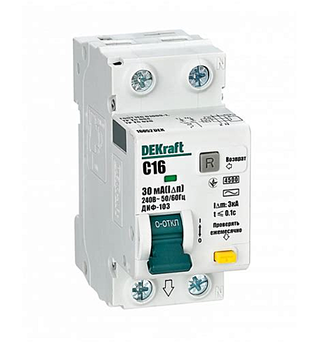 Автоматический выключатель дифференциального тока DEKraft ДИФ-103 2P 16А 30мА 4,5кА х-ка С