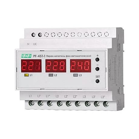Автоматический переключатель фаз PF-451-1,регулеровка напряжения,силовой DIN(3х400/230+N,3х63А,IP20)