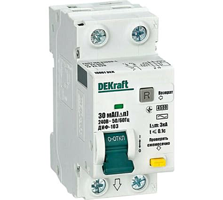 Автоматический выключатель дифференциального тока DEKraft ДИФ-103 2P 6А 30мА 4,5кА х-ка С