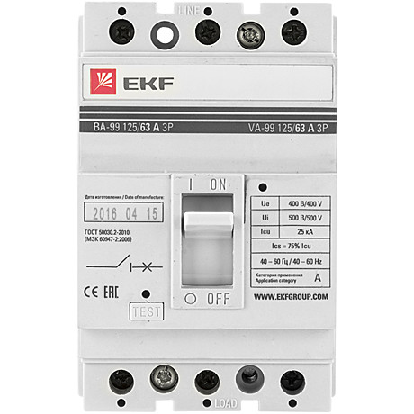 Автоматический выключатель EKF PROxima ВА99-125 3P 63А 25кА